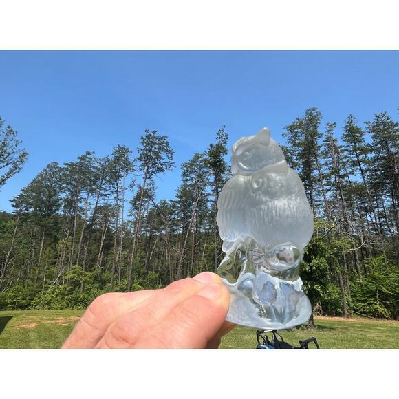 Frosted & Clear Glass Two Owls sitting on branch. Birds. Shelf Decor.Paperweight - Picture 3 of 11